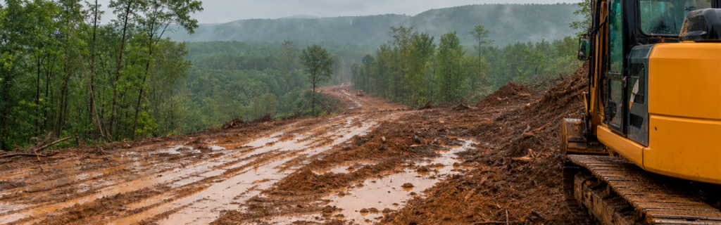 Learn how rainfall affects land clearing projects in North Georgia, including soil stability, erosion risks, drainage concerns, and equipment access during site preparation.